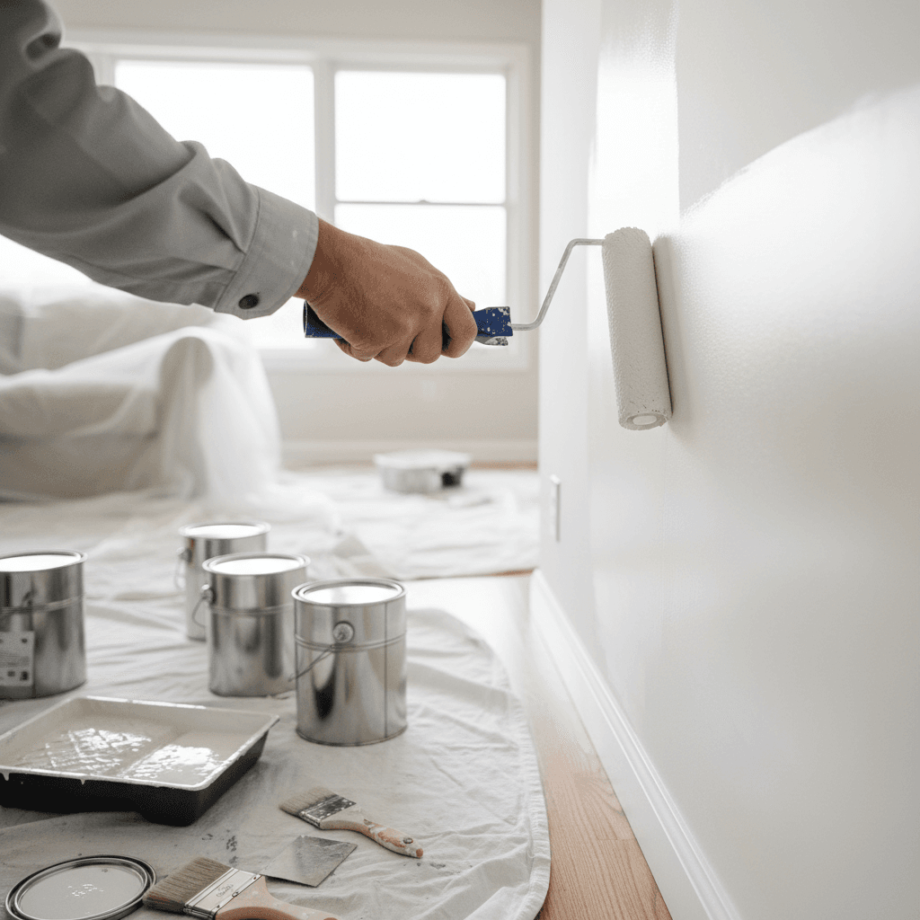 Professional painter carefully applying paint to interior wall